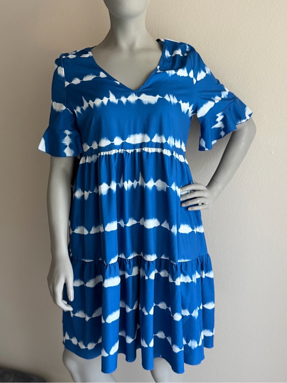 Blue Tie-Dye Tiered V-Neck Women's Dress m